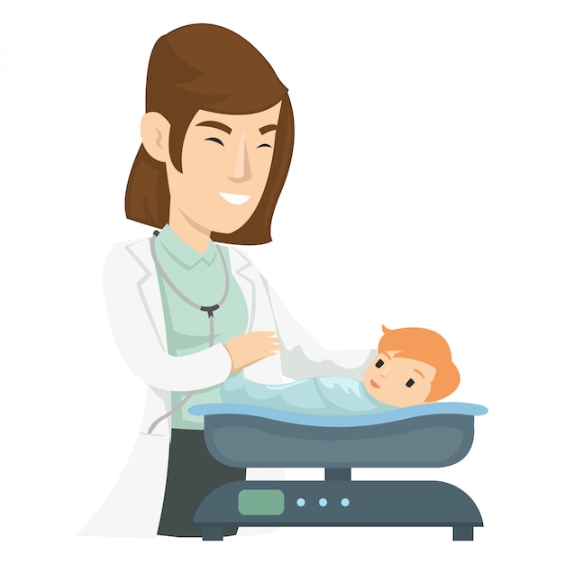 Vector girl paediatrican examining a baby kid