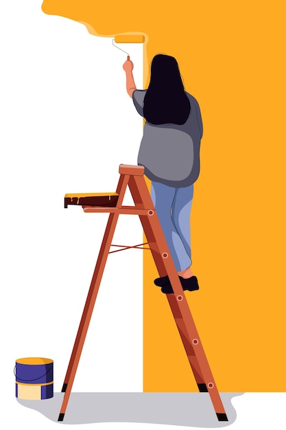 Девушка рисует стены желтым цветом