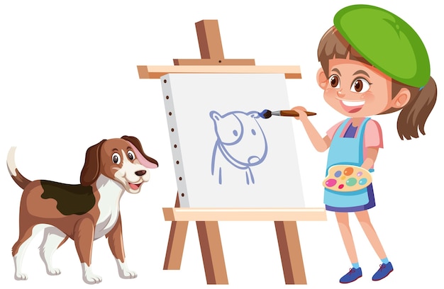 A girl painting a dog picture isolated on white background