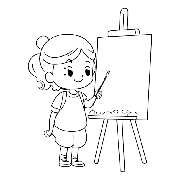 Vector girl painting on the easel of a girl painting on the easel