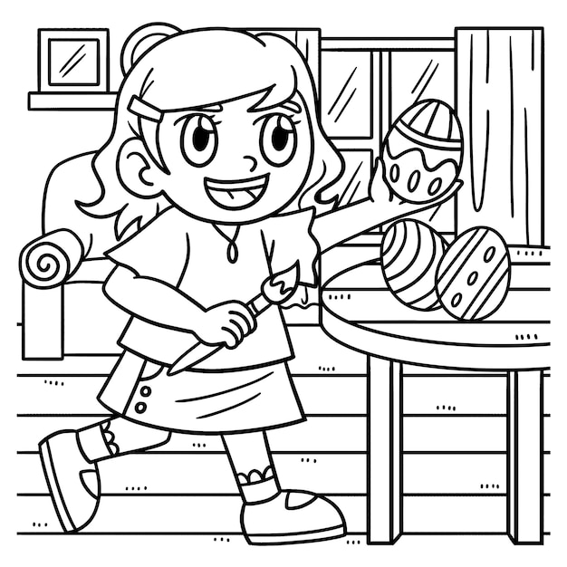 Girl Painting Easter Egg Coloring Page for Kids