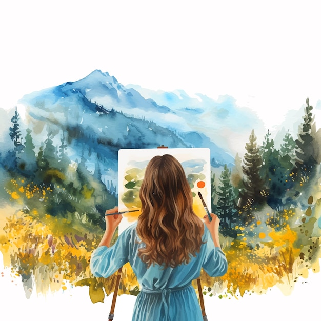 Vector girl painting landscape watercolor paint