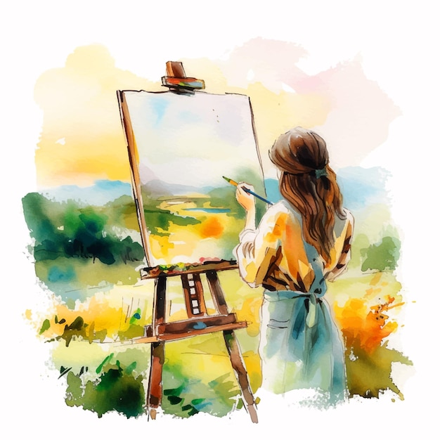 Vector girl painting landscape watercolor paint