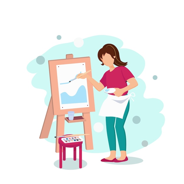 Vector girl paints on an easel with watercolours. flat vector illustration