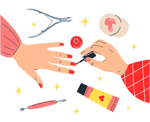 girl paints her nails. manicure studio.  illustration in cartoon style.