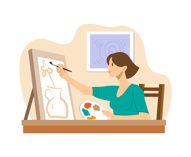 The girl paints a picture on canvas flat vector illustration