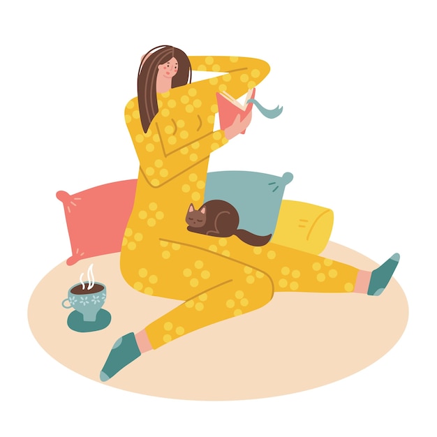 Vector girl in pajamas reading a book while sitting on pillows and drinking tea book lover concept flat han