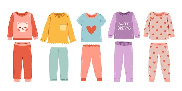 ベクトル 女の子のパジャマセットです。子供の寝間着の就寝時のパジャマのための織物の夜の服は、色付きの写真をベクトルします。