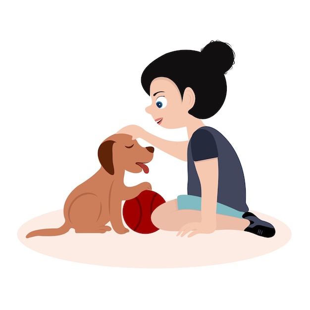 Vector girl pamper to a little puppy, cartoon character girl playing with cute puppy from ball, vector art