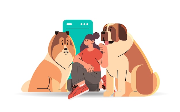 Vector girl pet owner with cute dogs spending time together best friends domestic animal friendship concept horizontal vector illustration