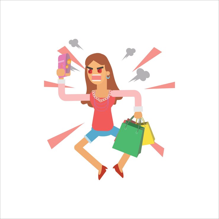 Vector girl in a pink blouse with shopping bags vector flat illustration