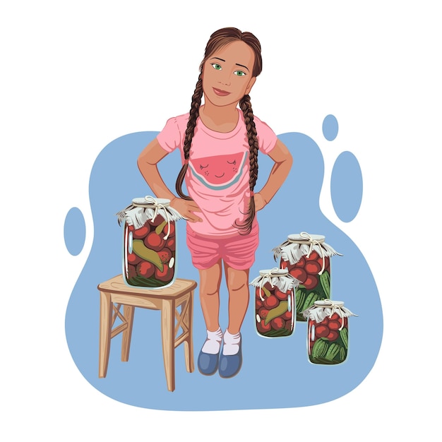 a girl in pink clothes makes preparations for winter.  canning vegetables