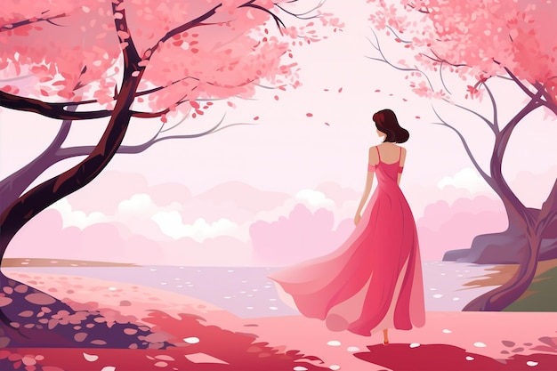 Vector girl in pink dress under a tree illustration