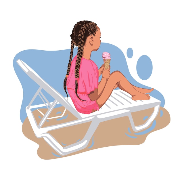 Vector girl in a pink pareo on a sun lounger on the beach eats ice cream. summer illustration