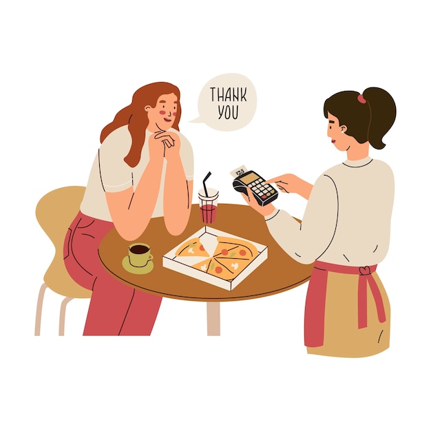 Girl in a pizzeria pays the bill to the waiter using a cashless terminal Thank you phrase Payment in a restaurant for food Issuing a check for services rendered Flat style in vector illustration