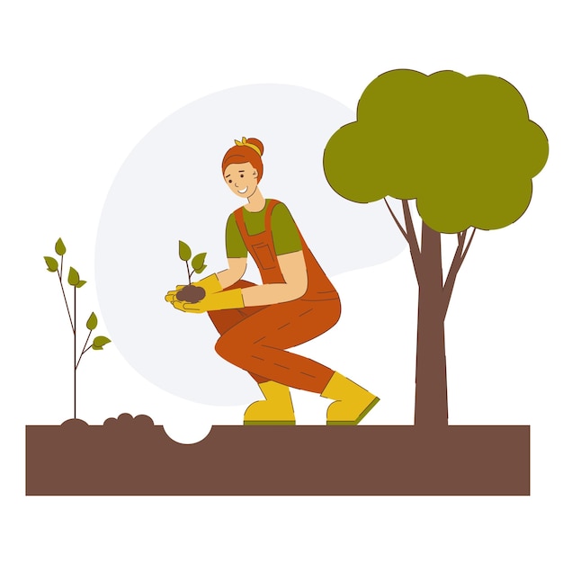 a girl plants a plant in the garden vector illustration in the style of flat