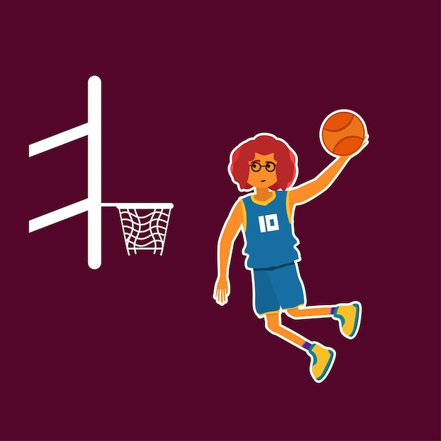 Девушка играет в баскетбол в плоском дизайне иллюстрации или мультфильма