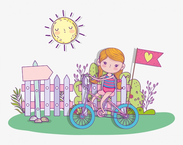 Girl play and ride bicycle with sun