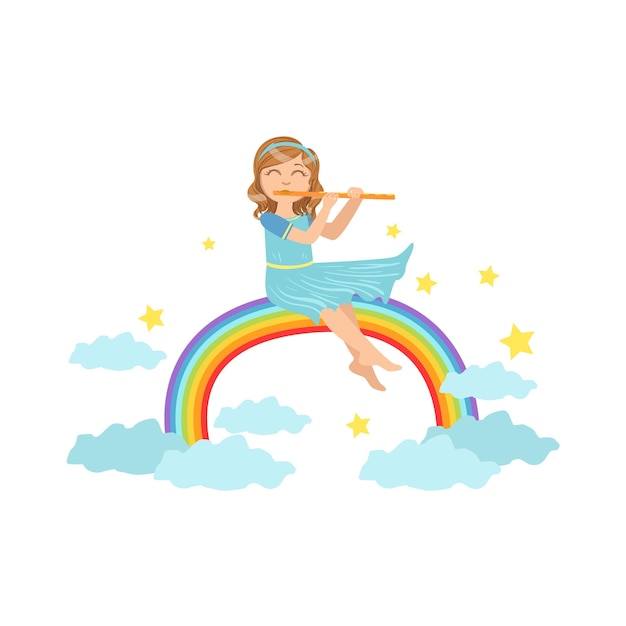 Girl playing flute with rainbow and clouds decoration