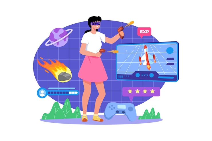 Vector girl playing a game in the metaverse
