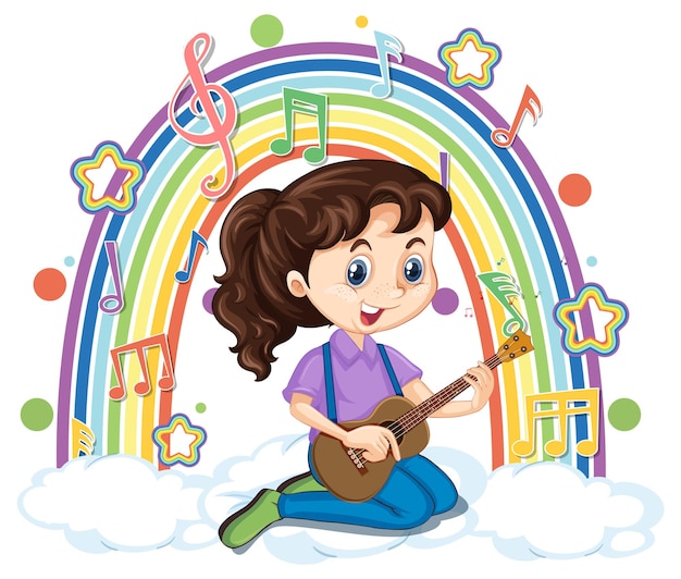 Girl playing guitar on the cloud with rainbow