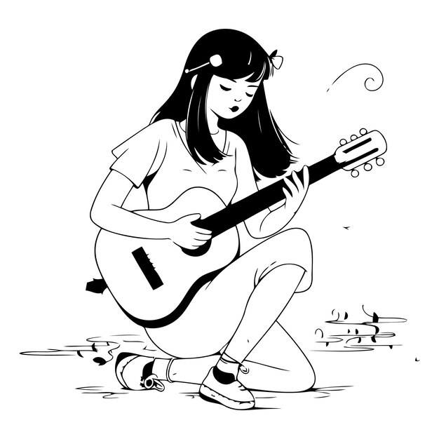 Girl playing the guitar in a flat cartoon style