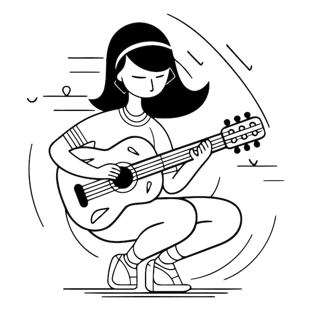 Girl playing the guitar in a flat linear style