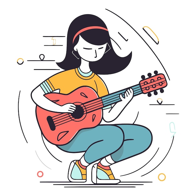 Girl playing the guitar in a flat linear style