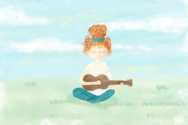 Girl playing guitar relaxing in the garden watercolor painted illustration