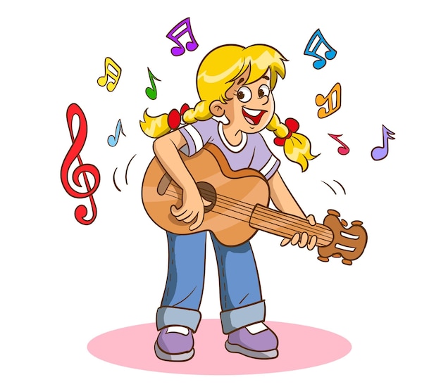 Girl playing the guitar. Vector illustration of a cheerful girl playing happy guitar.