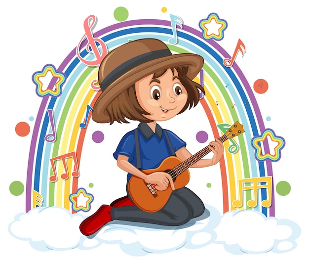 Ragazza che suona la chitarra con i simboli della melodia sull'arcobaleno