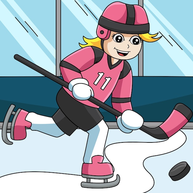 Girl Playing Hockey Colored Cartoon Illustration