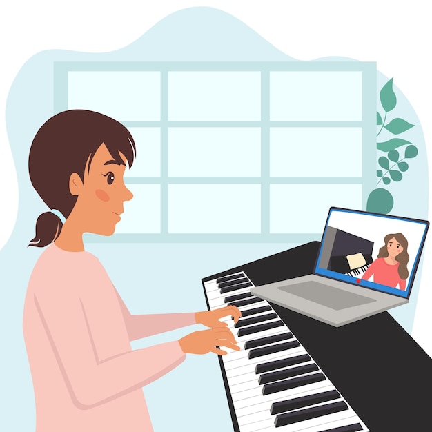 Vector girl playing piano with online teacher