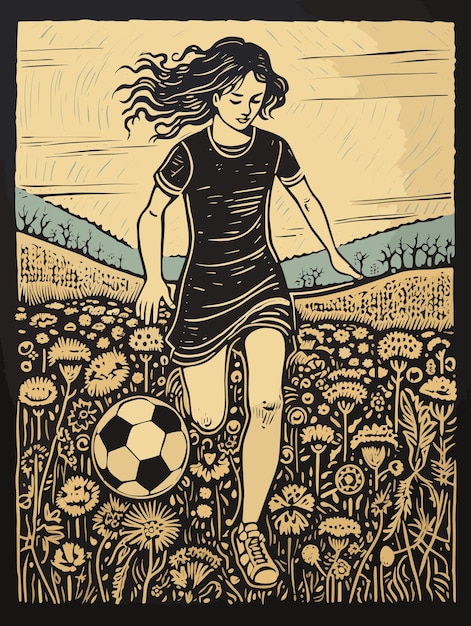 Vettore una ragazza che gioca a calcio illustrazione di arte popolare in stile linoleografia con stampa in rilievo