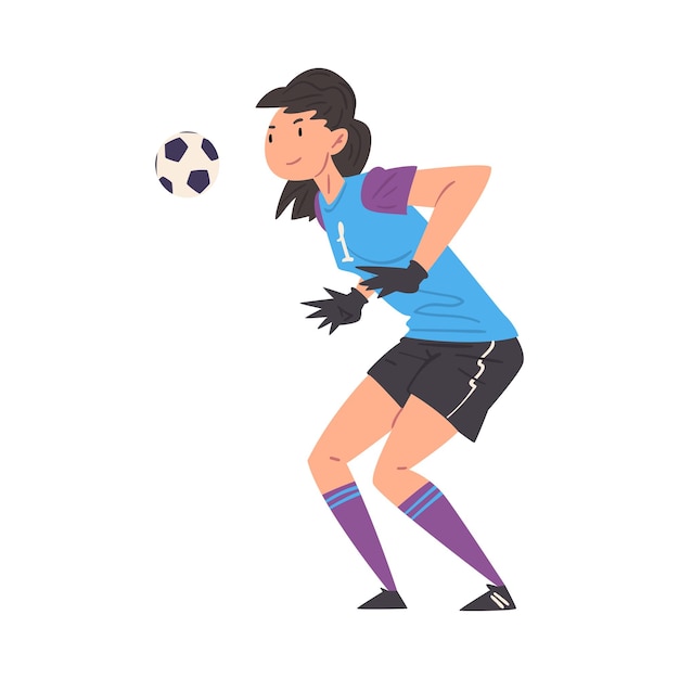 Vector girl playing soccer young woman goalkeeper character in sports uniform with ball vector illustration