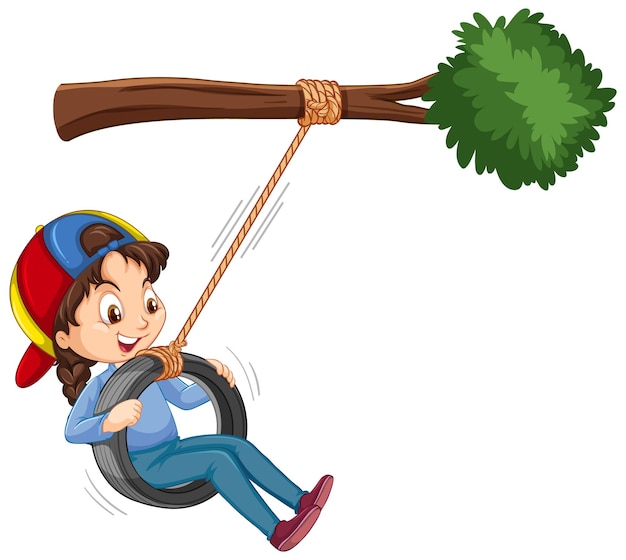 Vector girl playing tire swing under the branch on white background