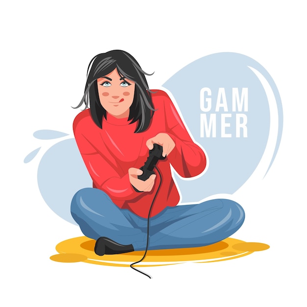 Girl playing video game flat vector illustration