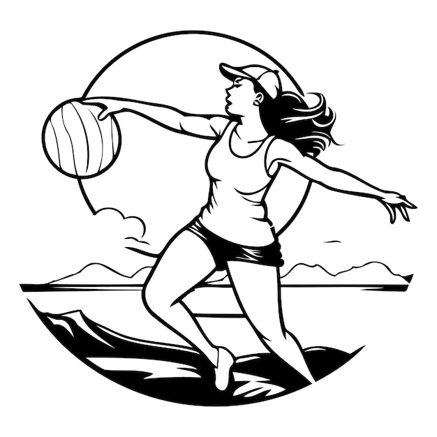 Vector girl playing volleyball on the beach vector illustration in retro style