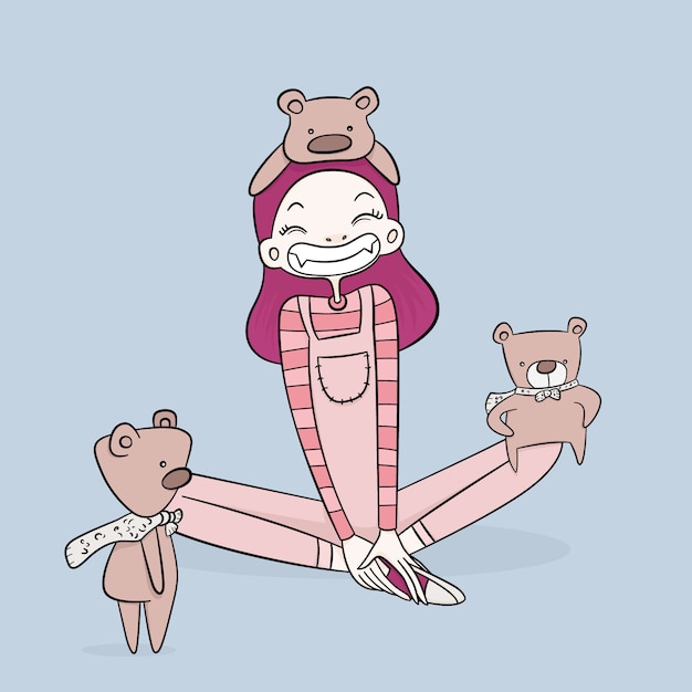 Vector girl playing with bears illustration