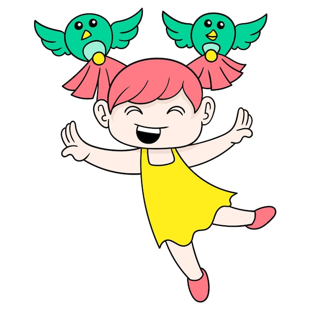 Girl playing with birds in nature welcomes spring, vector illustration art. doodle icon image kawaii.