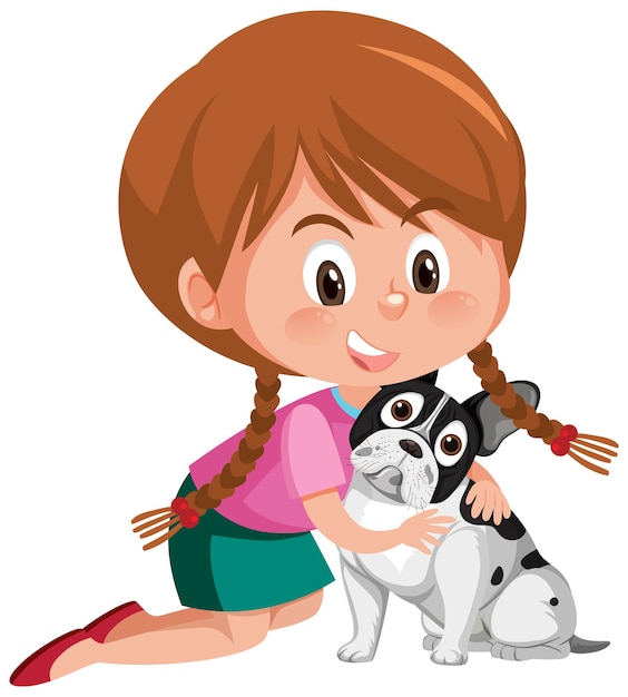 A girl playing with a dog cartoon character