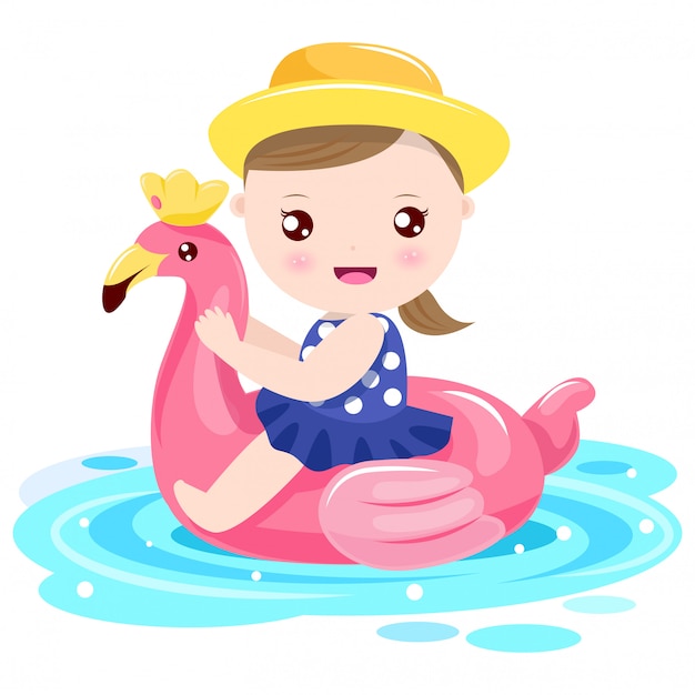 Girl playing with flamingo swim ring