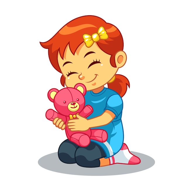 Girl playing with her bear doll