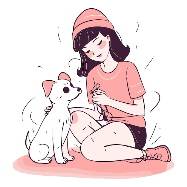 당신의 디자인을 위해 개와 놀고 있는 소녀 스케치