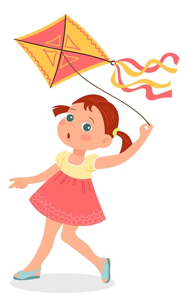 Girl playing with kite Sky flying toy game