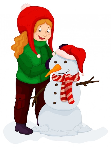 Vector girl playing with snowman