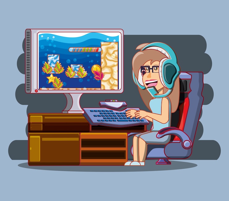 Vector girl playing with video game console