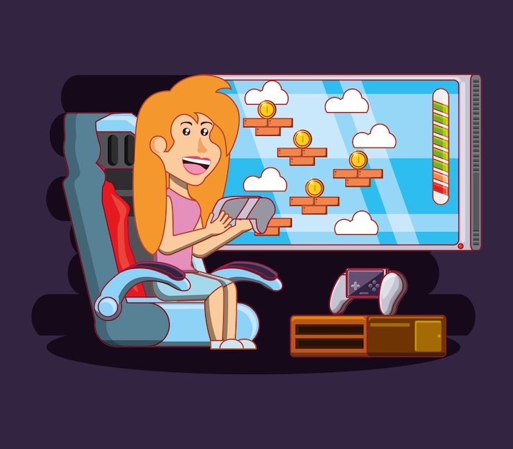 Vector girl playing with video game console