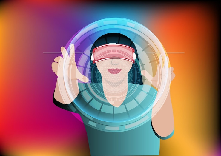 Vector girl playing with virtual reality glasses computer games