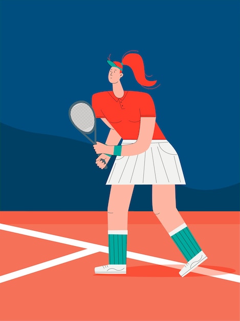 소녀는 테니스를 친다. 스포츠맨 운동 개념 그림입니다. 훈련, 테니스, 테니스 선수가 라켓을 들고 있습니다. 평면 스타일의 벡터입니다.